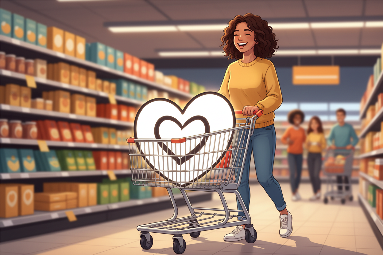 Una persona comprando con un carro de compras que adentro tenga el corazon de nuestro logo